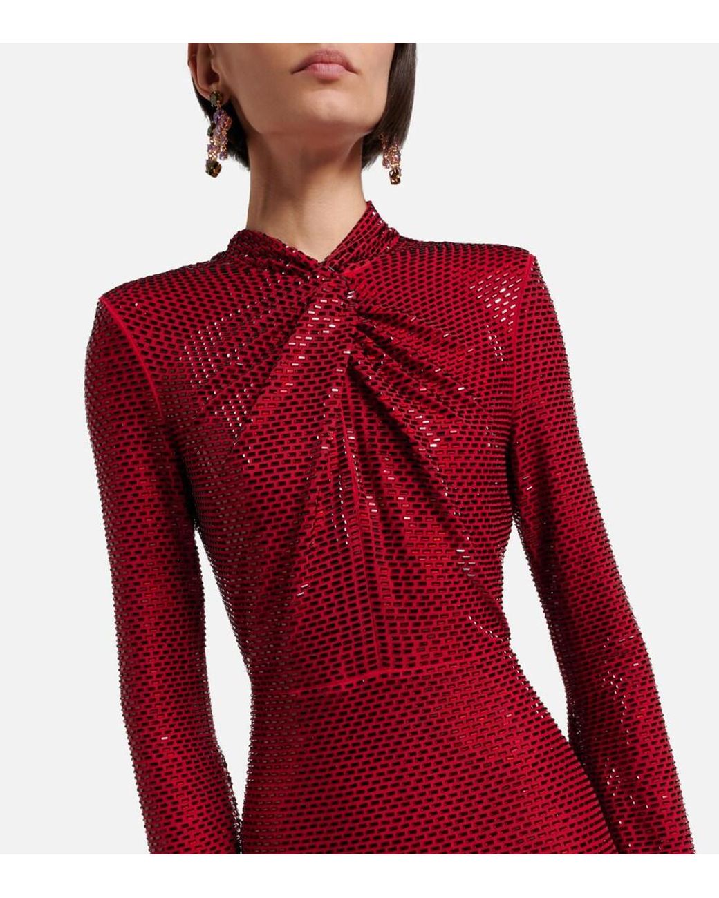 Self-Portrait Red Embellished Mesh Cocktail Dress