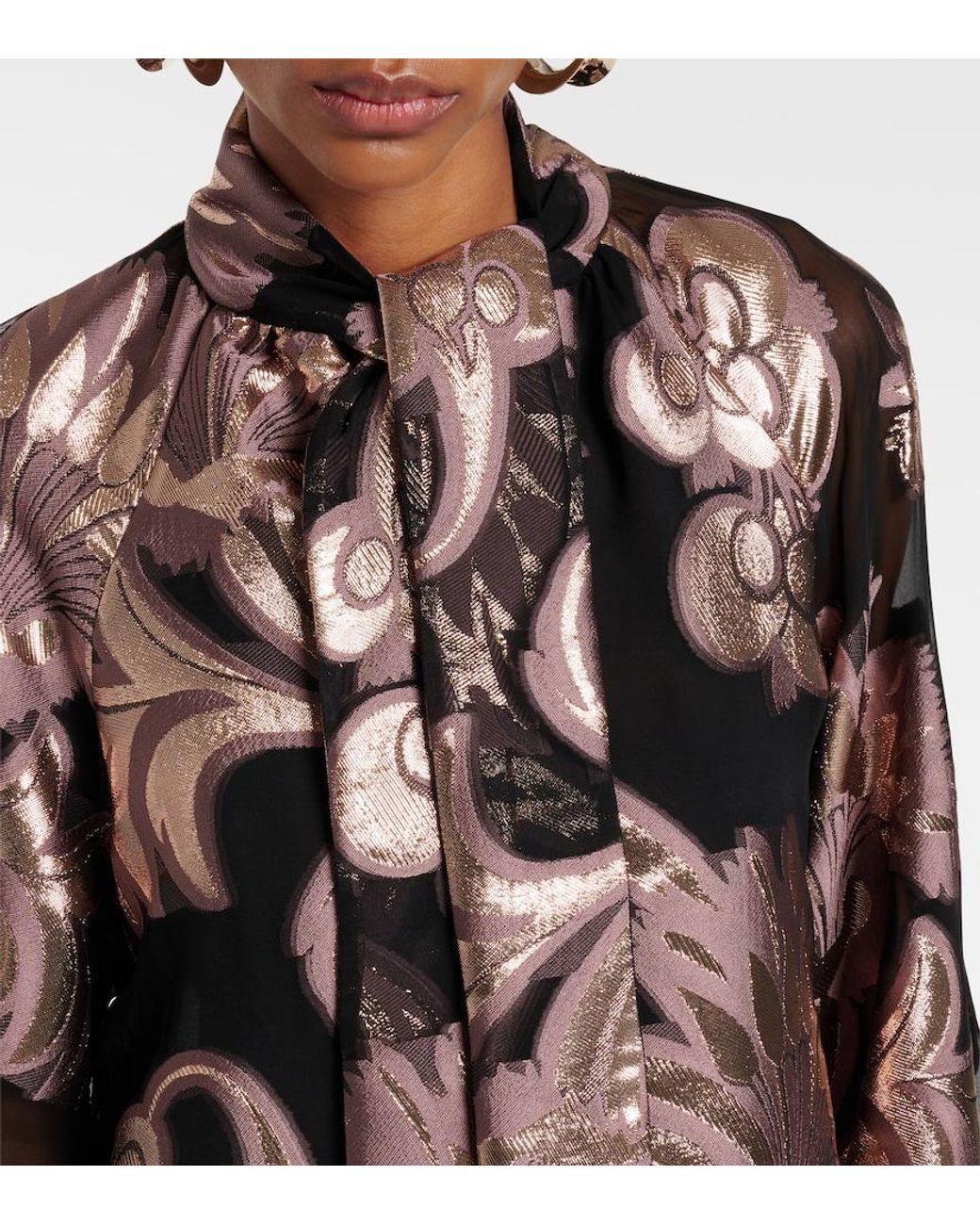 Etro Brown Semi-Sheer Tie-Neck Lame Blouse