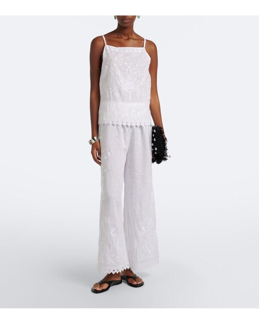 Eres White Albatre Embroidered Linen Wide-Leg Pants
