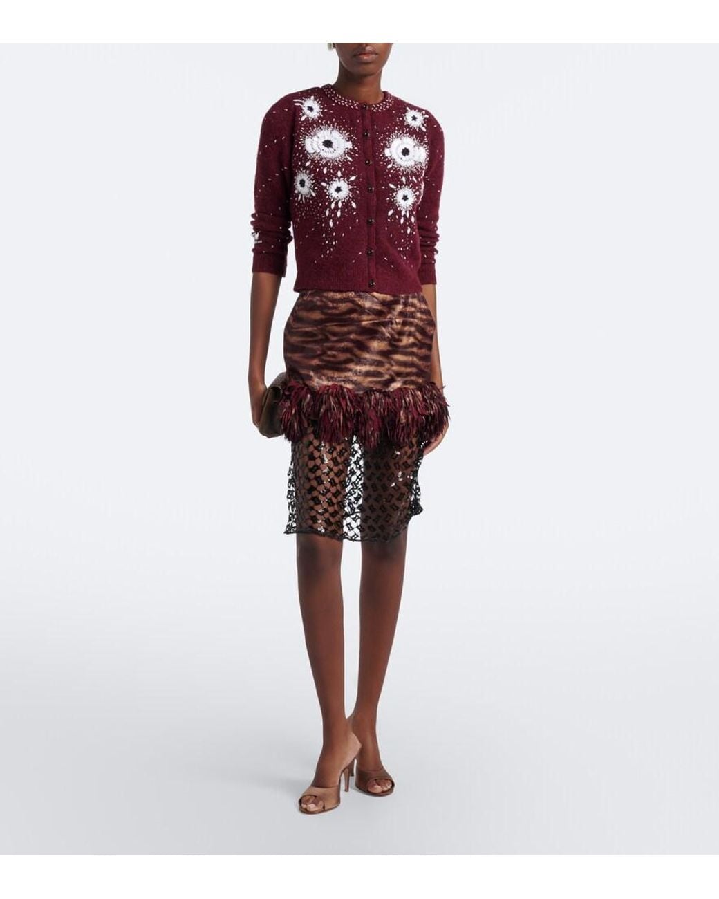 JACQUES WEI Brown Fringed Paneled Sequined Miniskirt