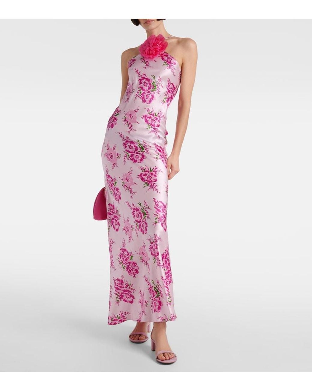 Rodarte Pink Floral-Applique Silk Maxi Dress