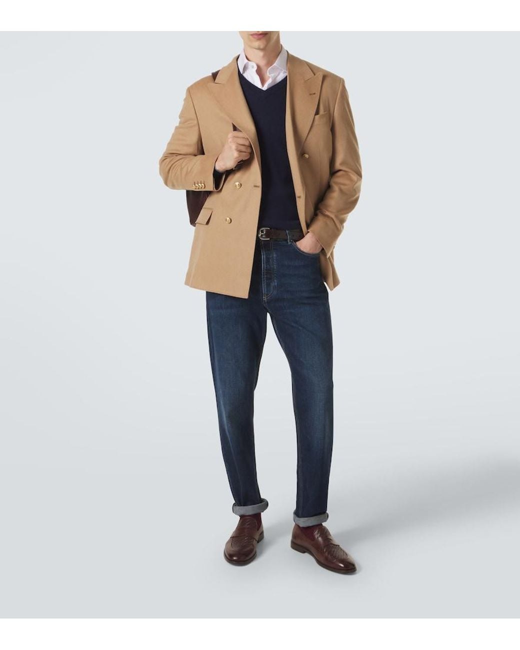 Brunello Cucinelli Natural Double-Breasted Camel Hair Blazer for men