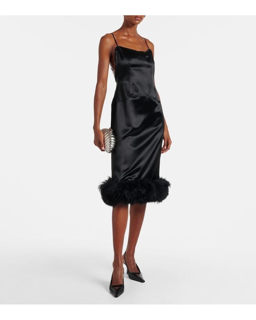 JACQUES WEI Black Shearling-Trimmed Satin Slip Dress