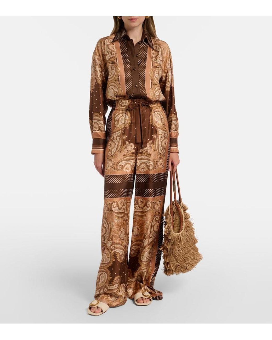 Zimmermann Brown Luna Paisley Silk Palazzo Pants