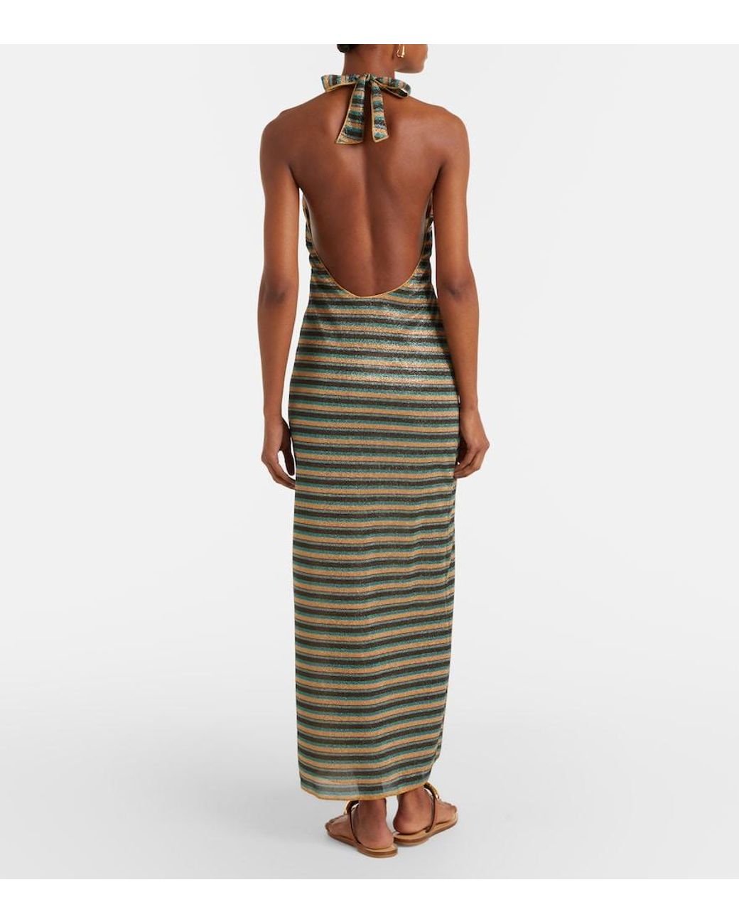 Oseree Metallic Lumiere Striped Halterneck Maxi Dress