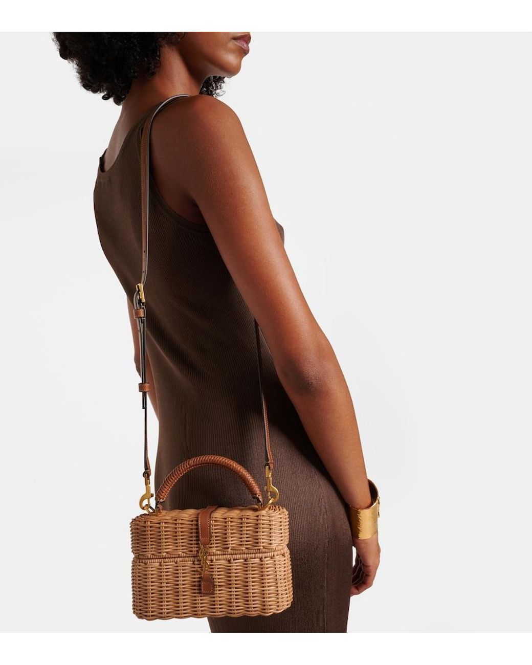 Saint Laurent Brown Gaby Leather-Trimmed Wicker Vanity Bag