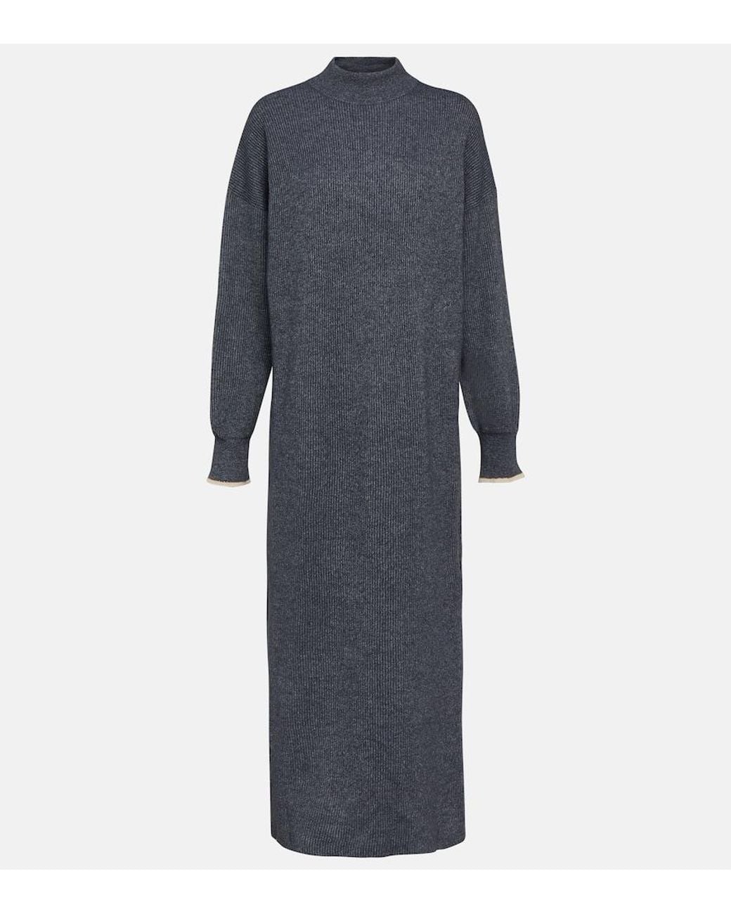 Brunello Cucinelli Blue Ribbed-Knit Cotton And Alpaca Midi Dress