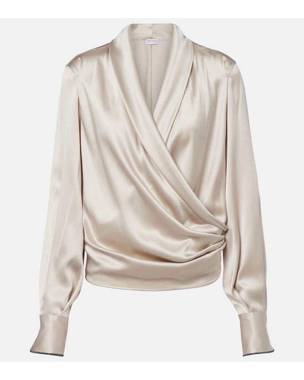 Brunello Cucinelli Gray Draped Silk-Blend Satin Blouse