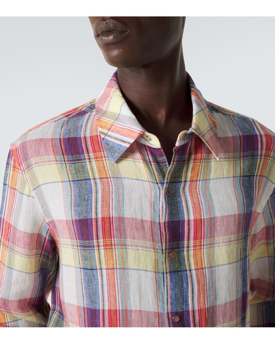 God's True Cashmere Pink Daybreak Plaid Linen Shirt With Sunstone for men