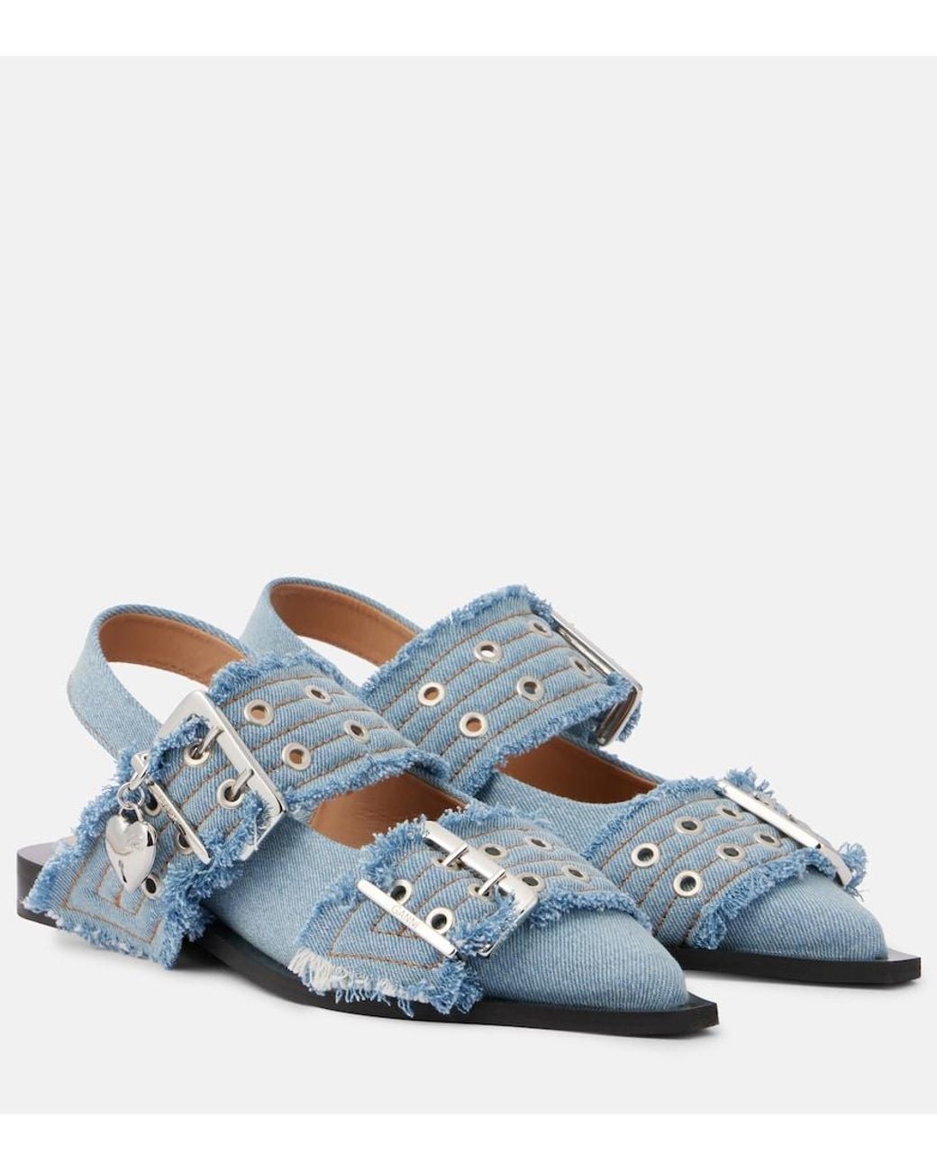 Ganni Blue Faded Denim Slingback Ballet Flat Shoe With Buckles