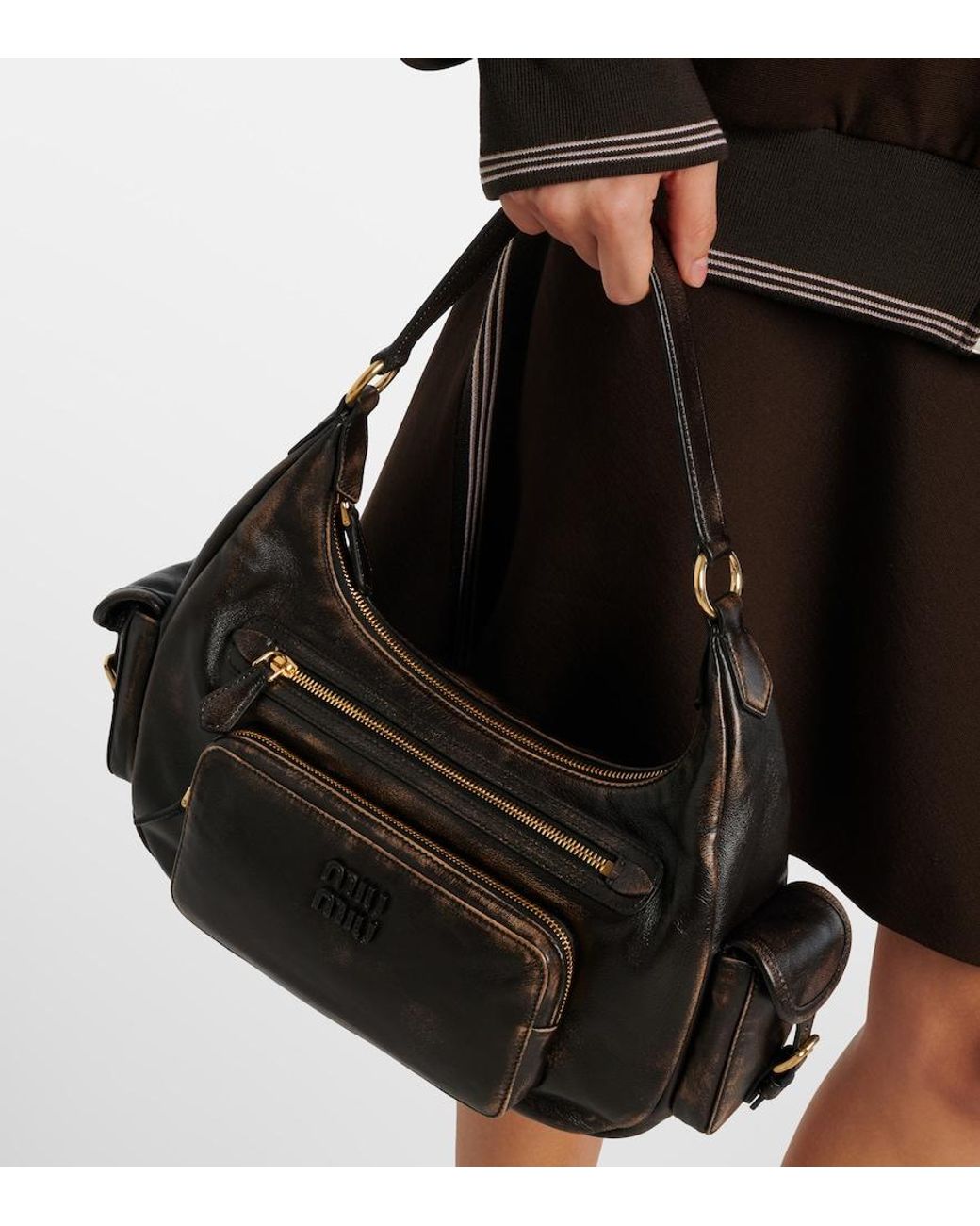 Miu Miu Black Distressed Leather Shoulder Bag