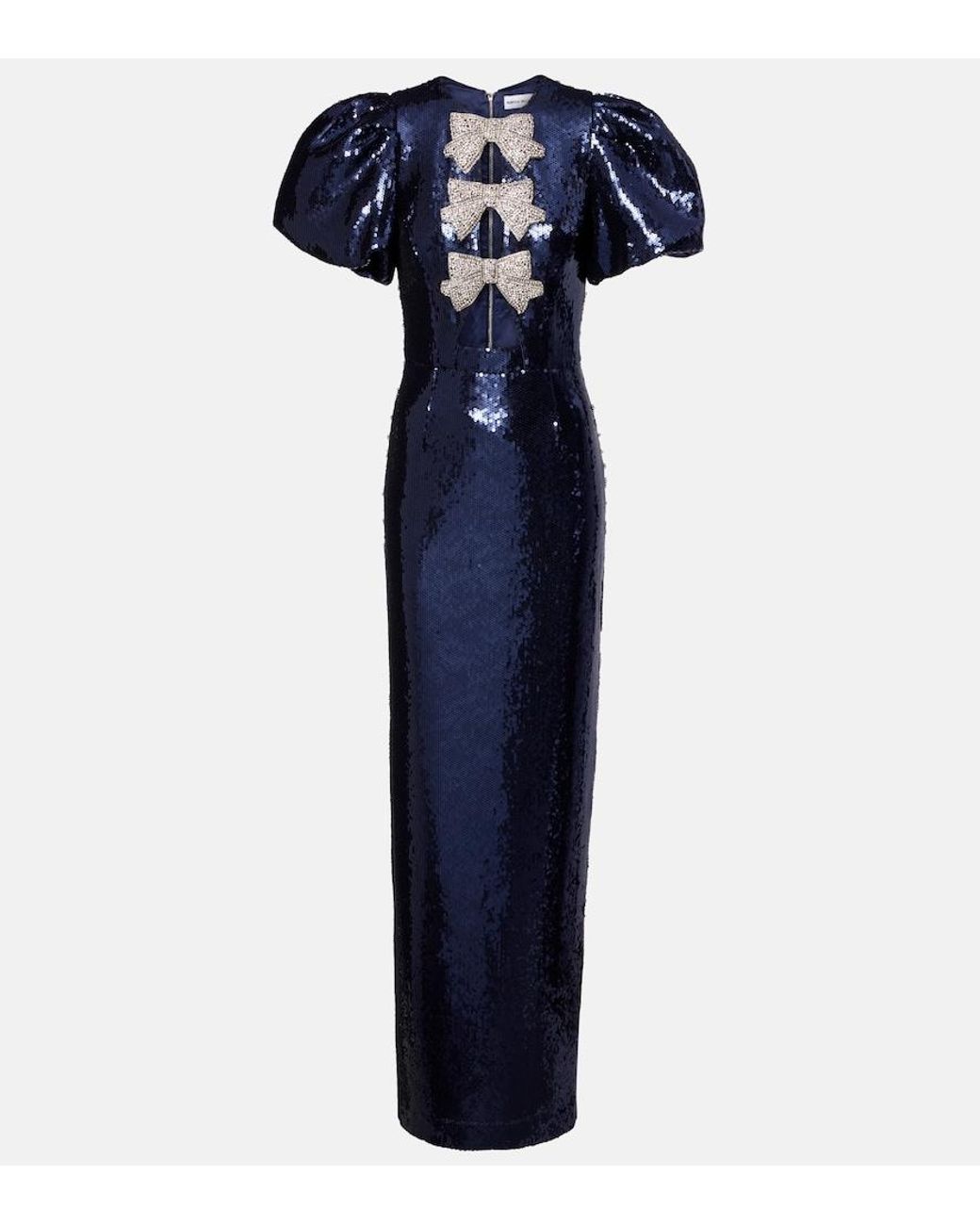 Rebecca Vallance Blue Cressida Puff-Sleve Sequined Gown