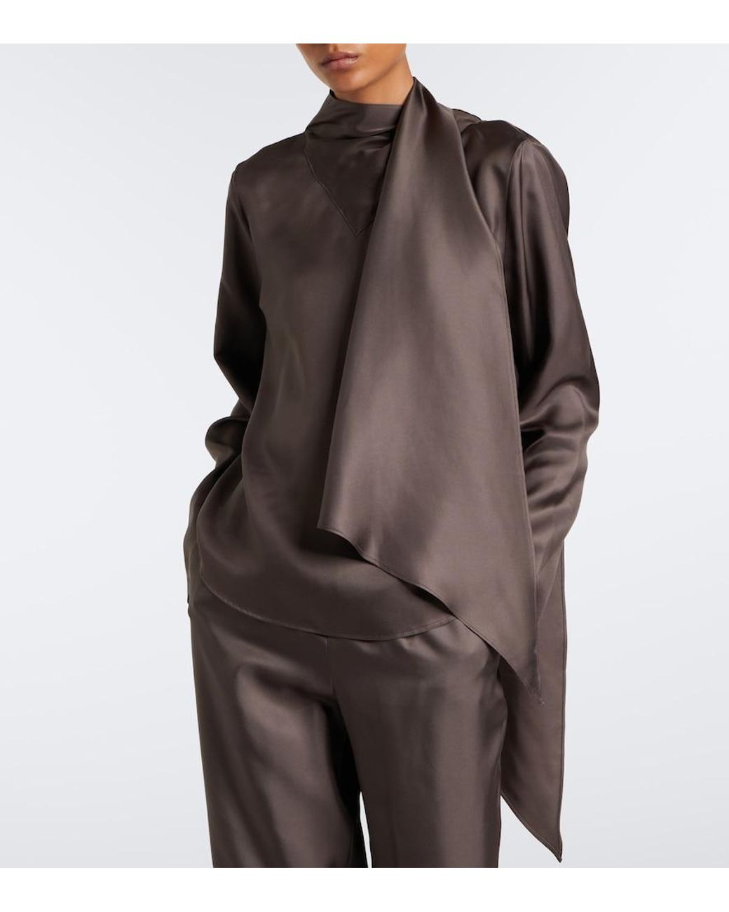 Loulou de Saison Brown Gala Scarf-Detail Silk Blouse
