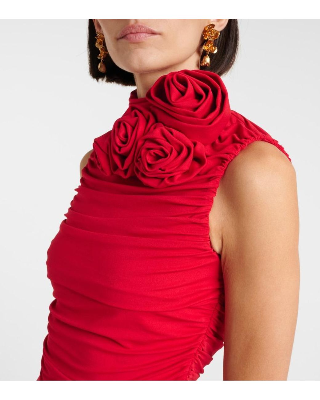 Magda Butrym Red Floral-Applique Ruched Jersey Gown