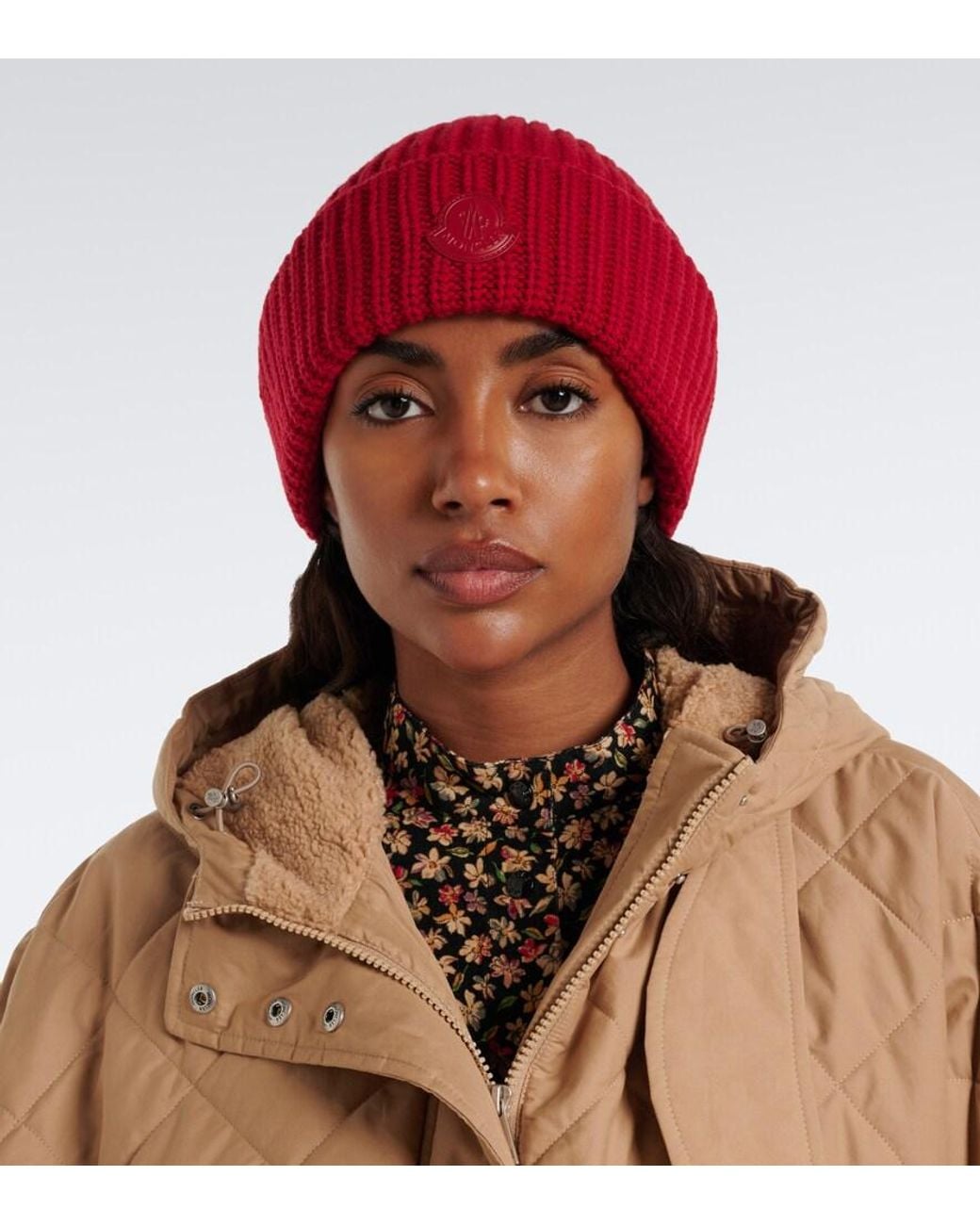 Moncler Red Logo Ribbed-Knit Cashmere Beanie