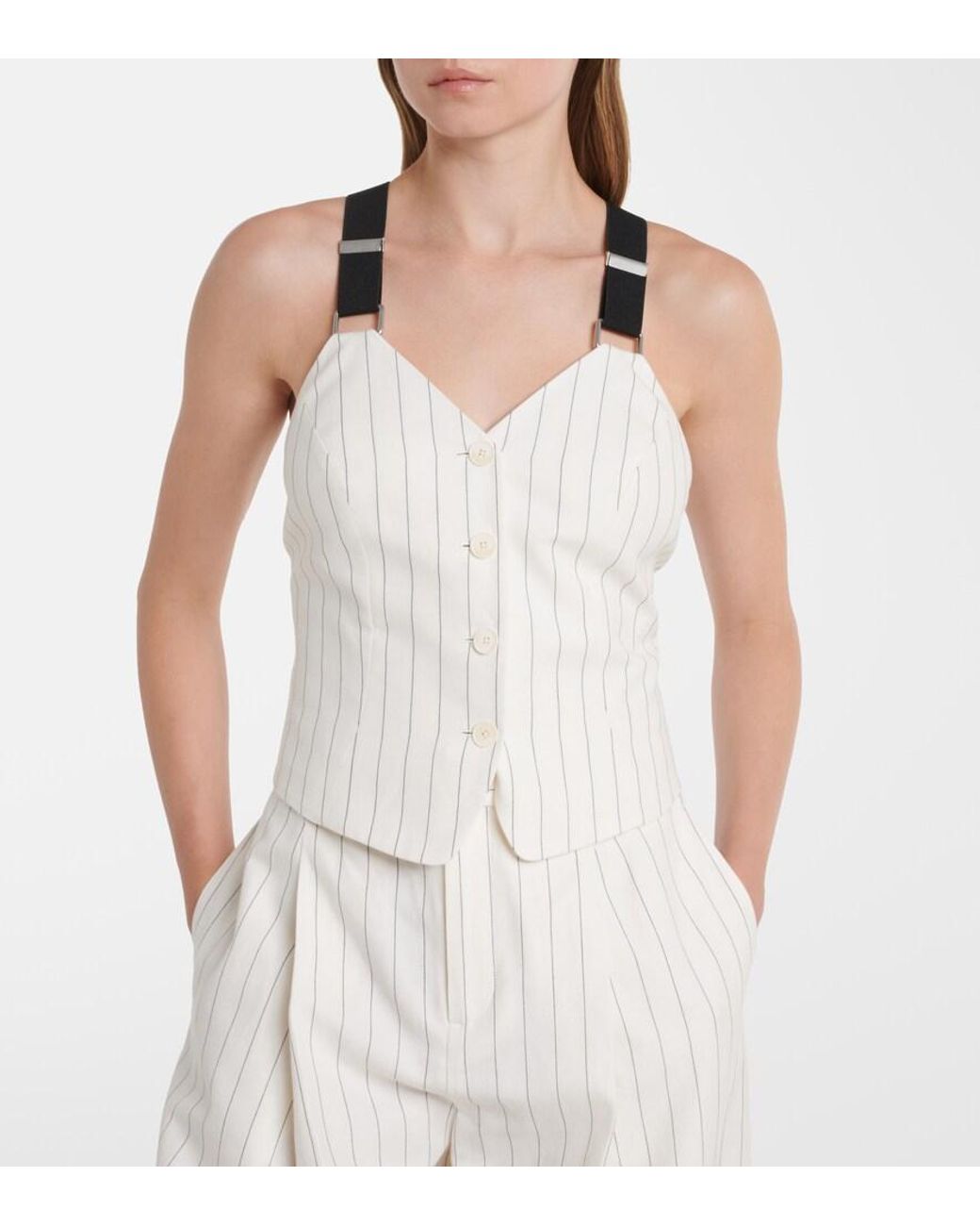 Ralph Lauren White Donnella Pinstriped Cotton, Linen And Wool Bustier Top
