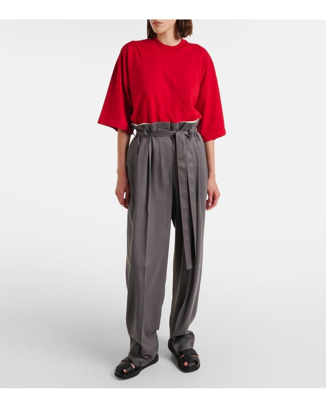 The Row Gray Lonan High-Rise Silk Straight Pants