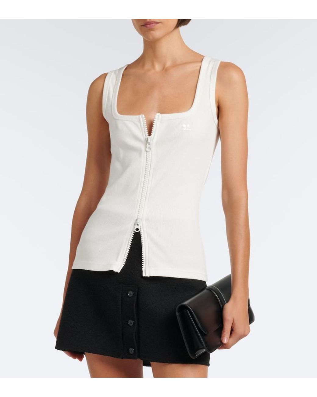 Courreges White Ribbed-Knit Cotton Zip-Up Tank Top