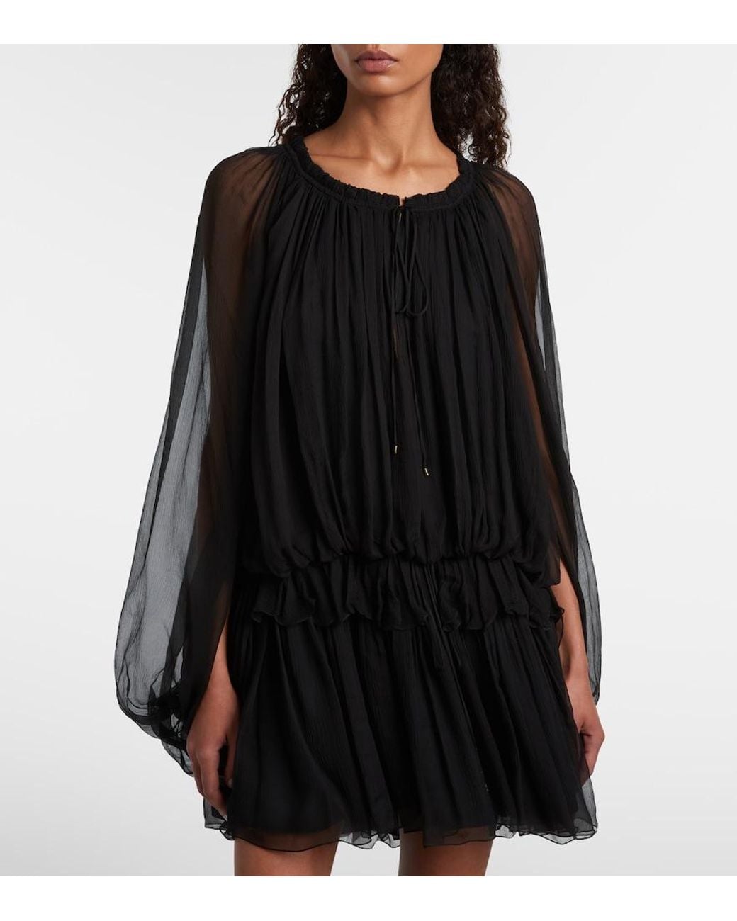 Chloé Black Ruffled Draped Silk Minidress