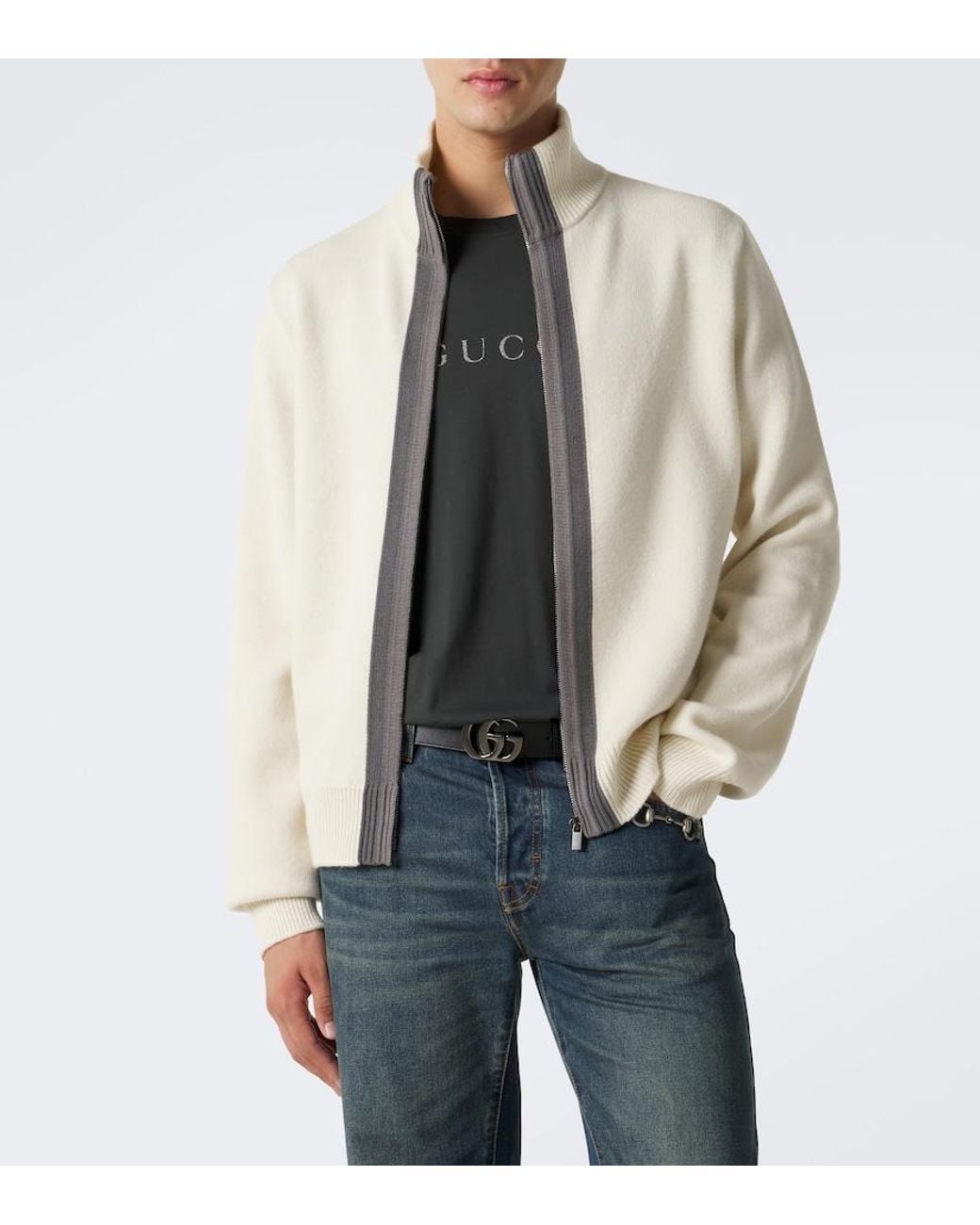 Gucci White Wool Zip-Up Sweater for men