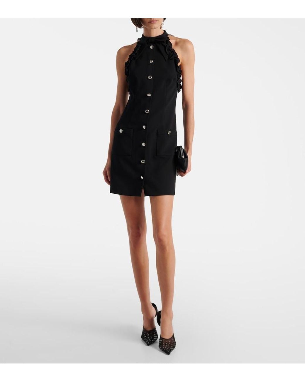 Alessandra Rich Black Bow-Detail Wool-Blend Crepe Minidress