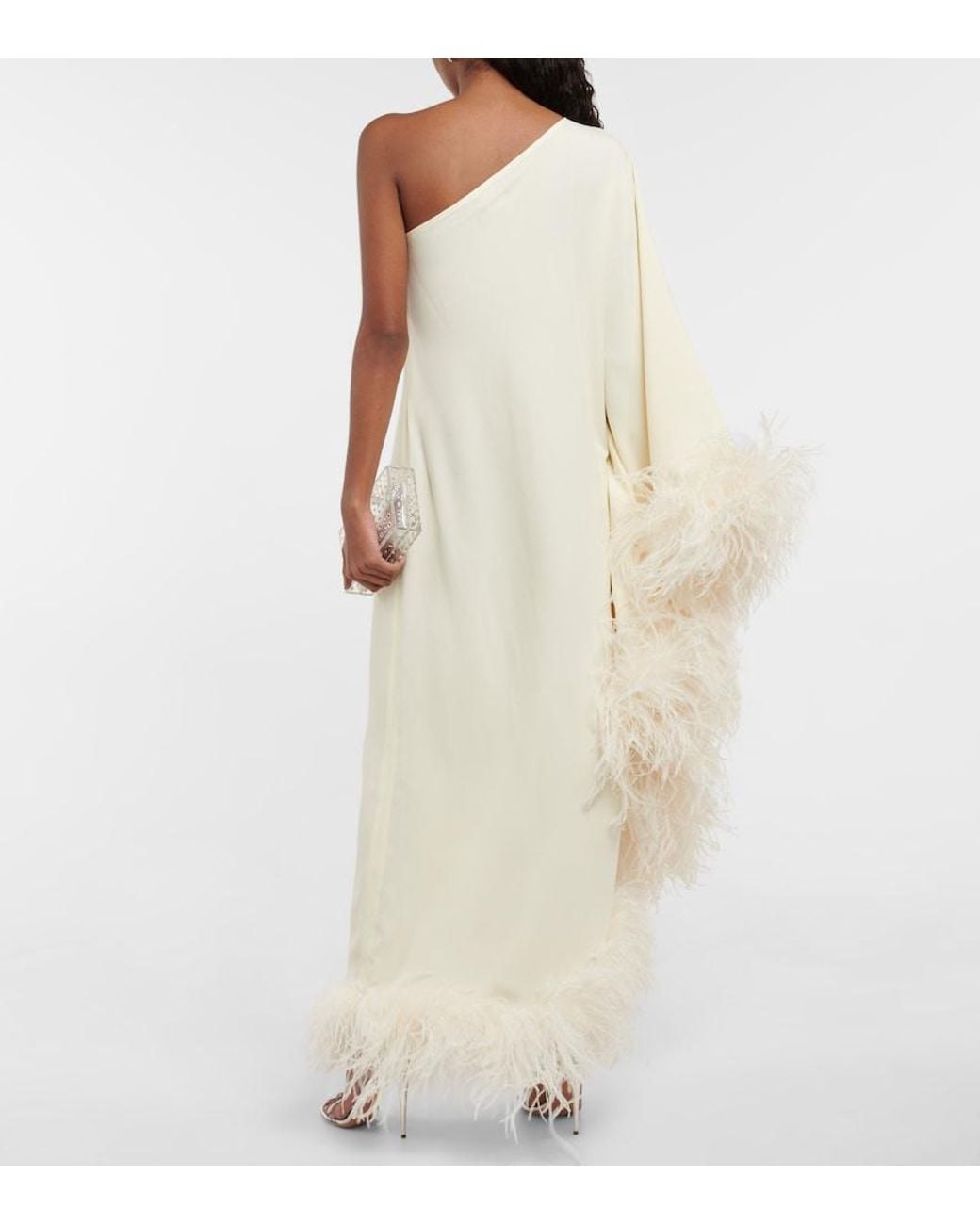 Taller Marmo White Ubud One-Shoulder Feather-Trimmed Crepe Maxi Dress