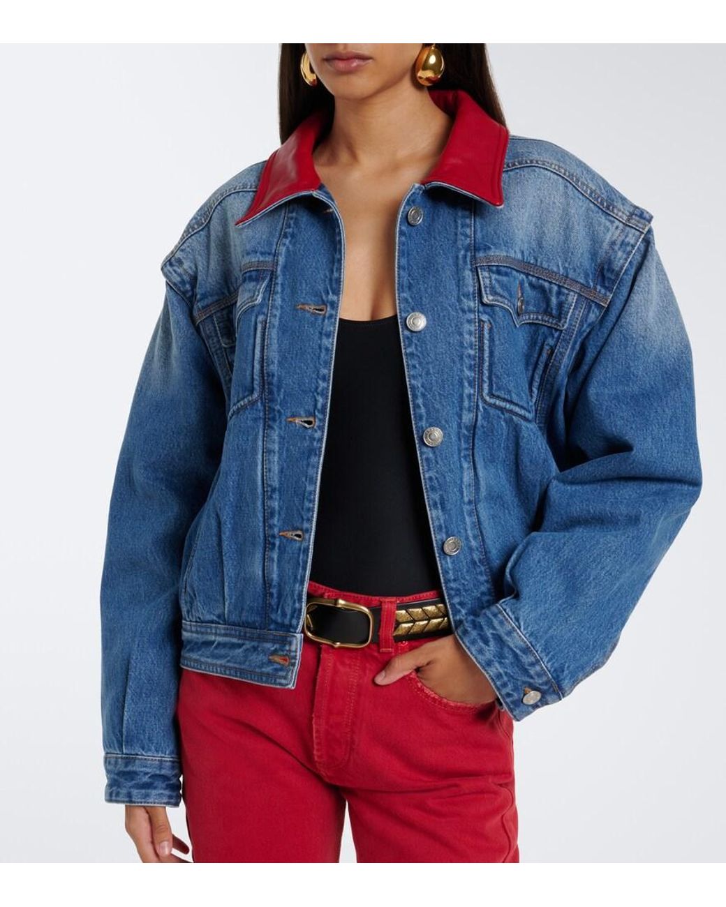 Isabel Marant Blue Devyn Leather-Trimmed Denim Jacket