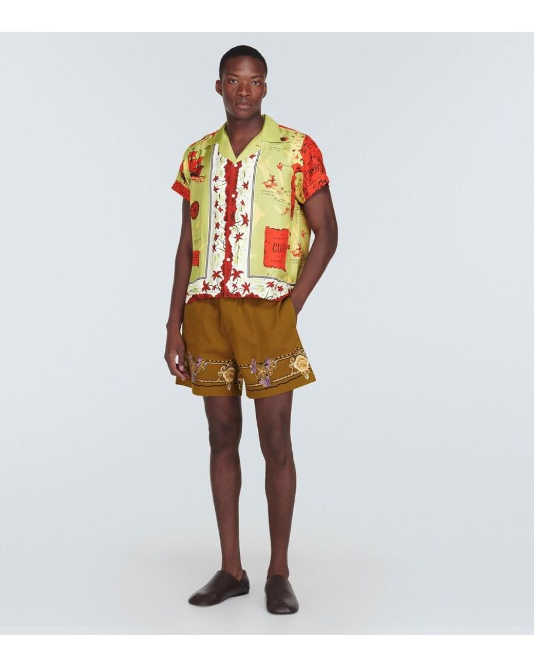 Bode Green Printed Silk Shirt for men