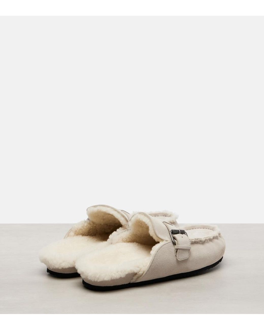 Brunello Cucinelli White Monili Shearling-Lined Suede Mules
