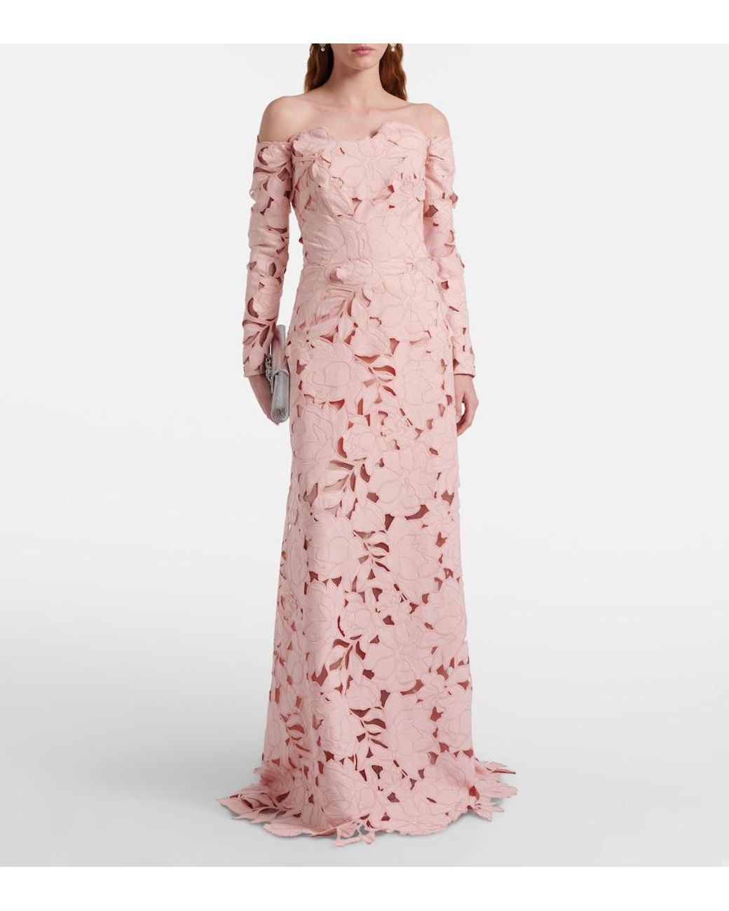 Costarellos Pink Kasia Floral Off-Shoulder Lace Gown