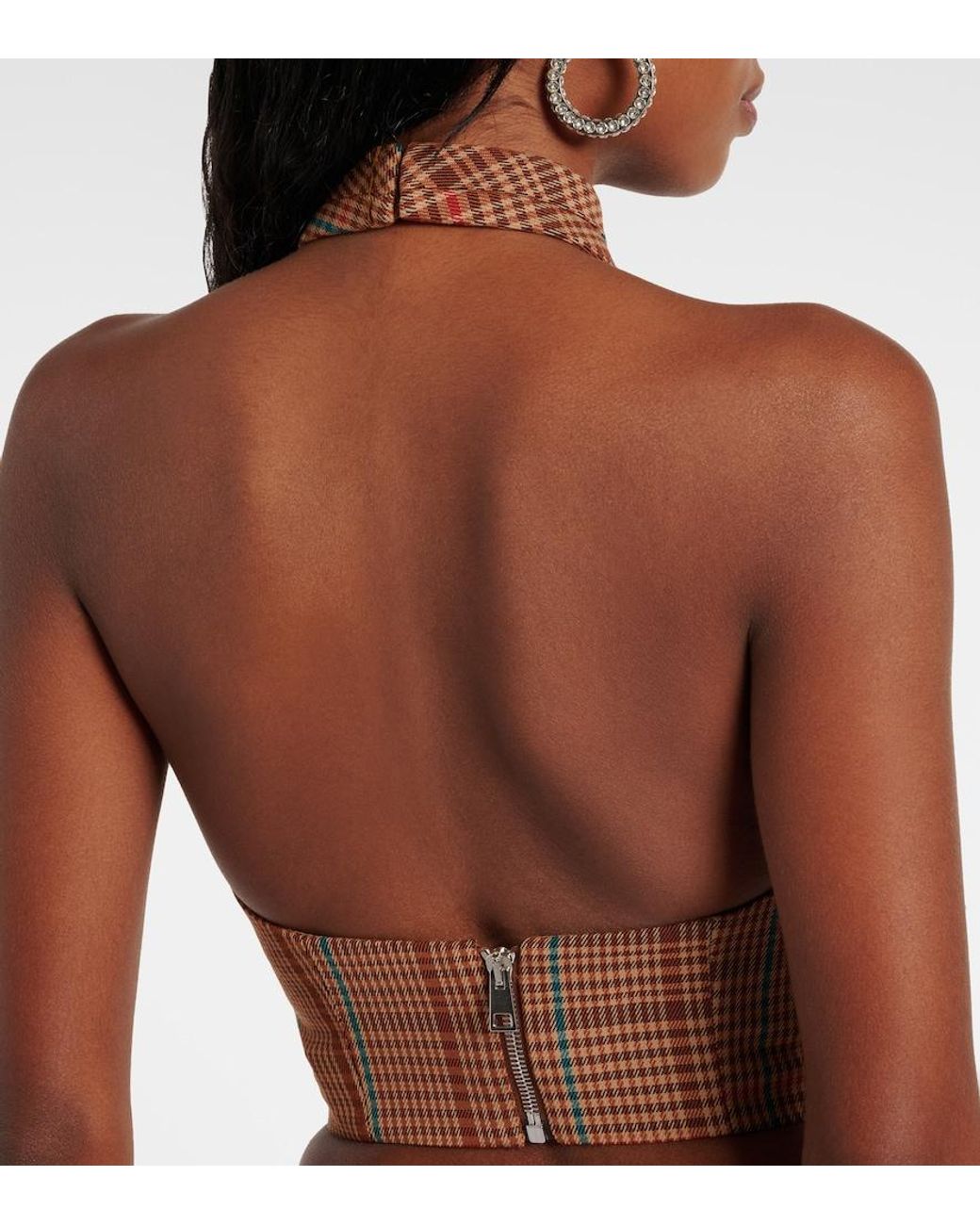 Area Brown Checked Halterneck Wool-Blend Top