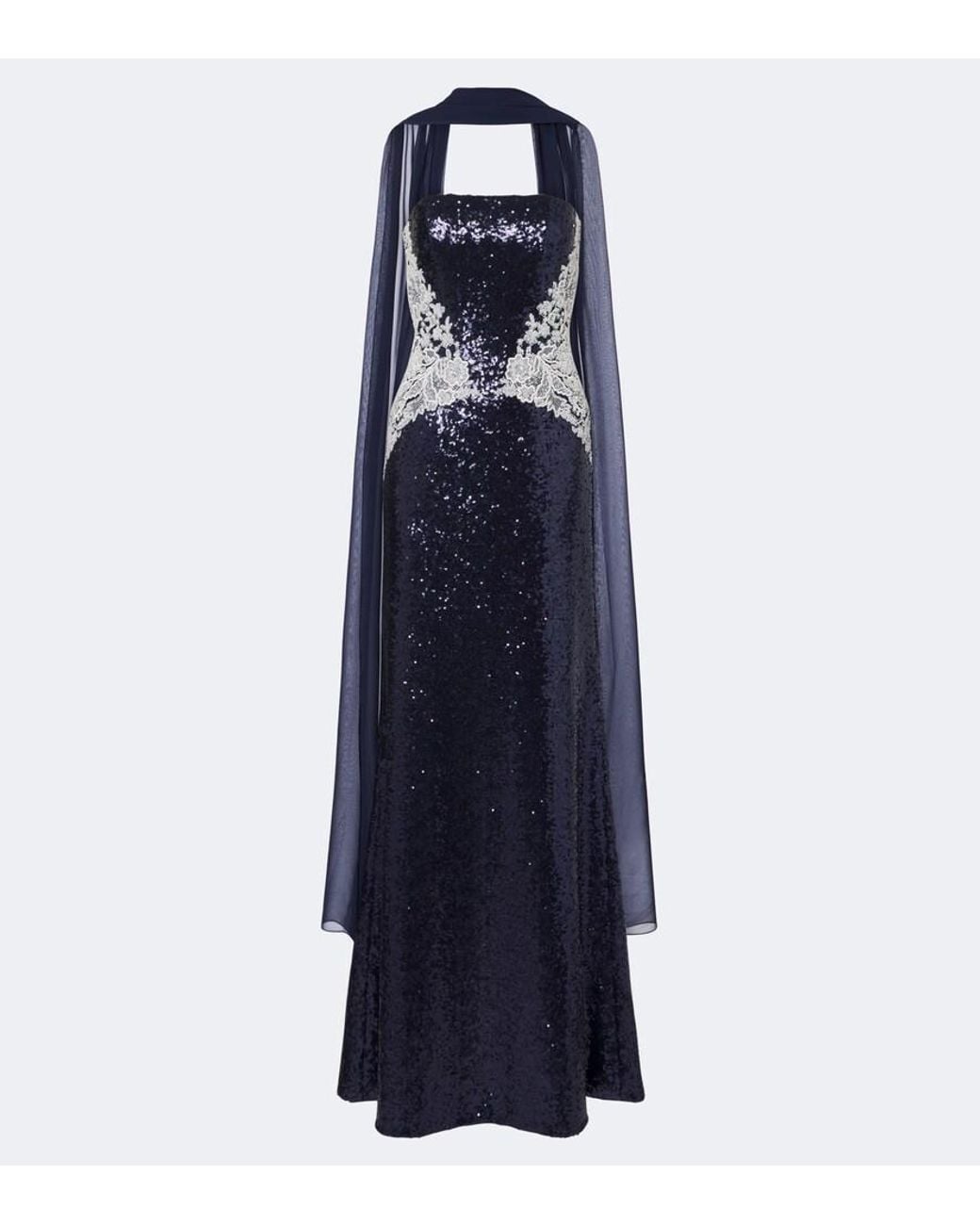 Costarellos Blue Scarf-Detail Sequined Bustier Gown
