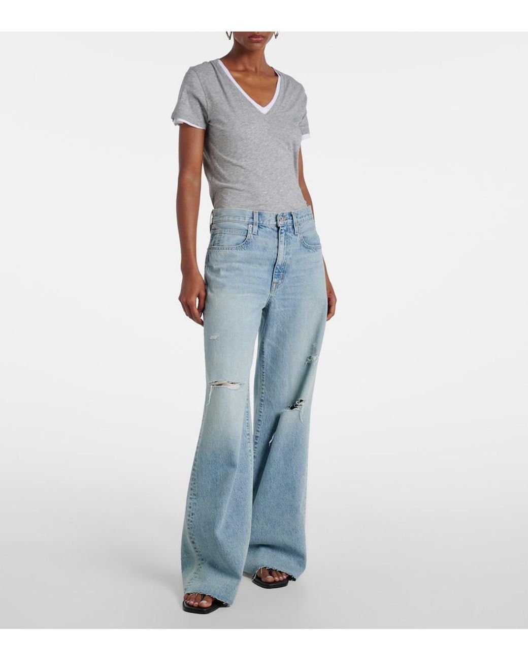 SLVRLAKE Denim Blue Nico Distressed Mid-Rise Wide-Leg Jeans
