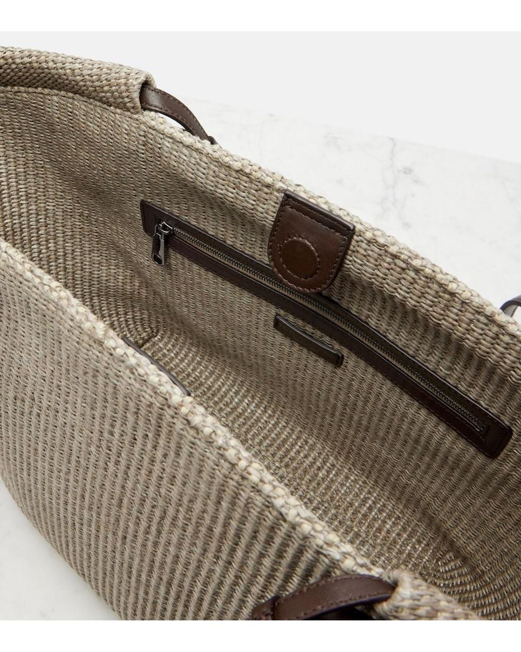Brunello Cucinelli Gray Leather-Trimmed Raffia Tote Bag