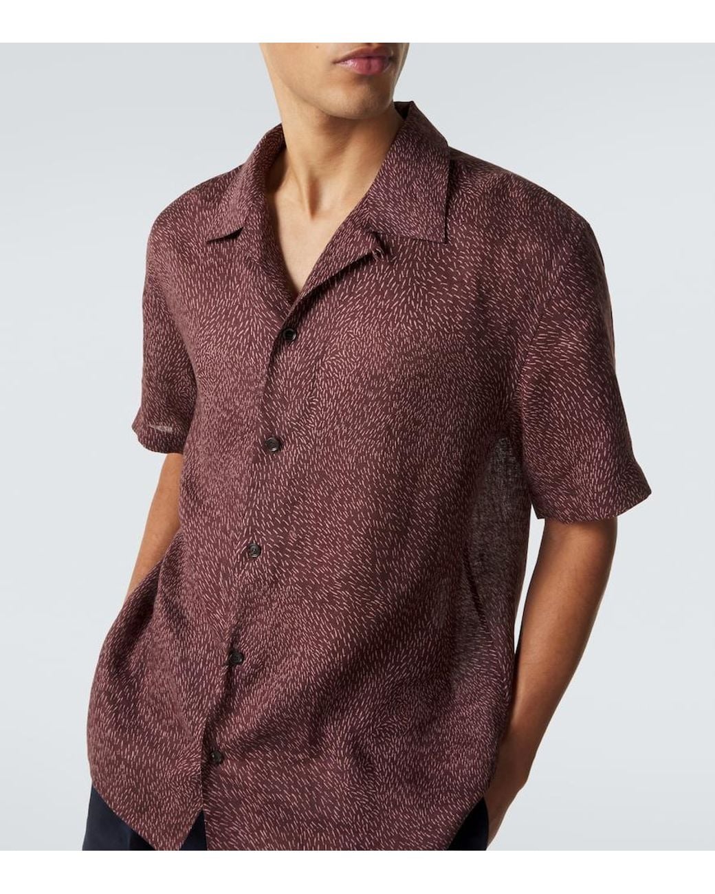 Brioni Brown Printed Linen Bowling Shirt for men