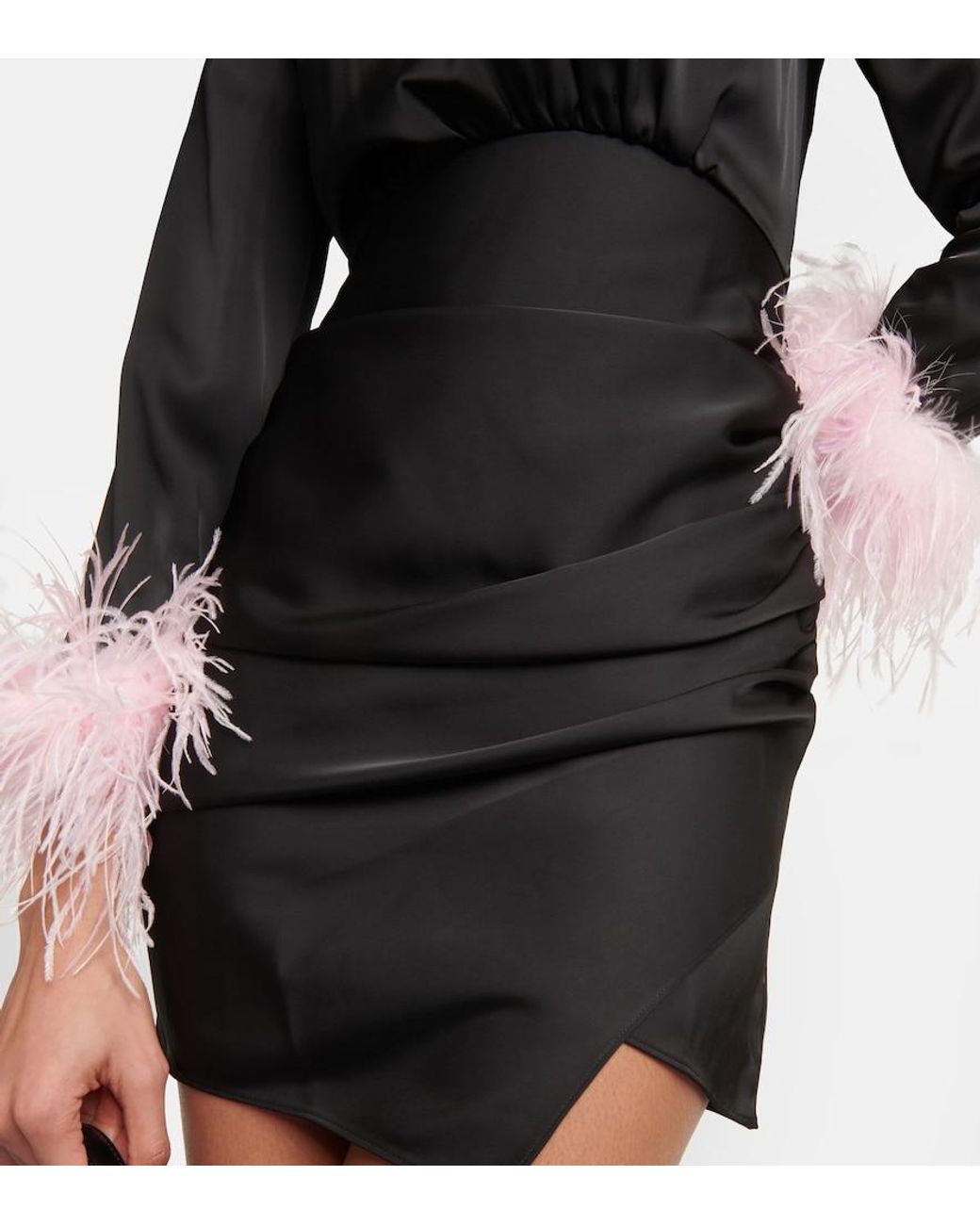 Self-Portrait Black Feather-Trimmed Satin Minidress