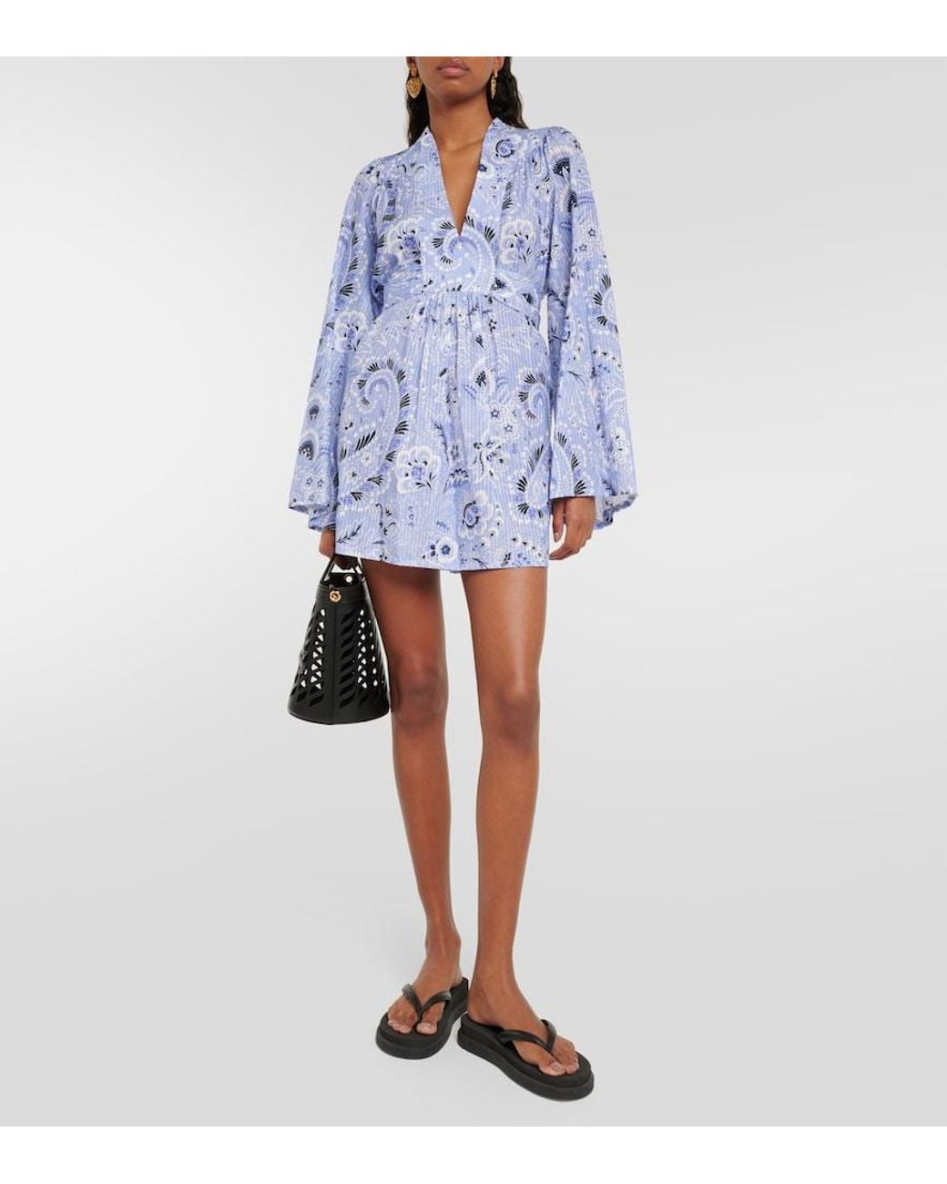 Etro Blue V-Neck Printed Cotton-Blend Minidress