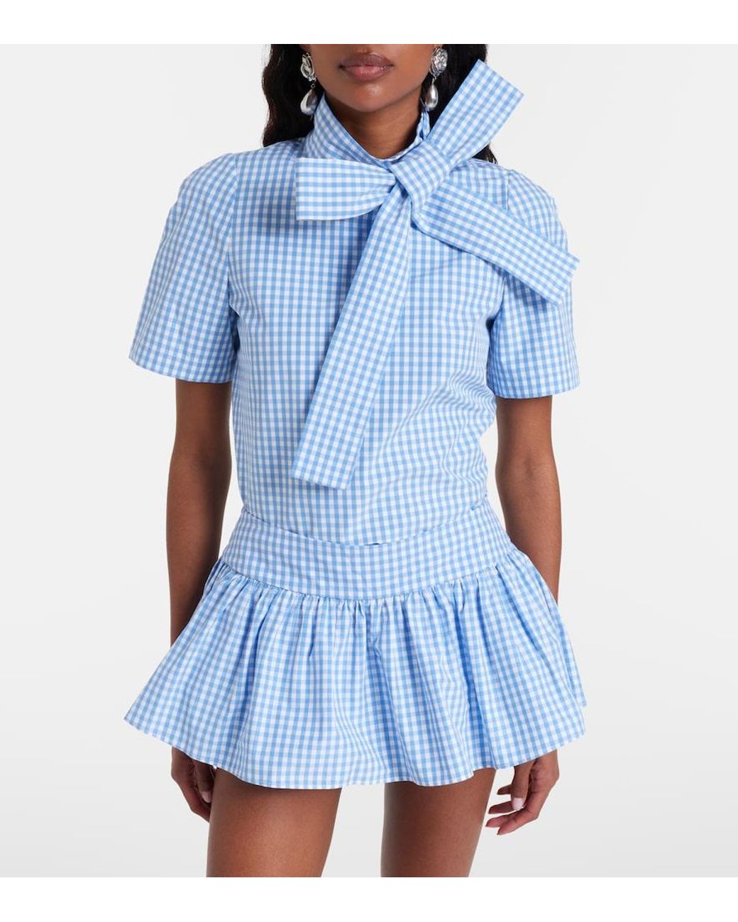 ShuShu/Tong Blue Bow-Detail Gingham Cotton Top