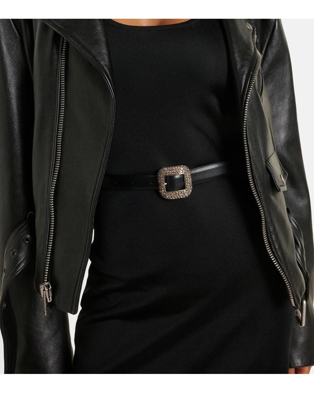 Saint Laurent Black Crystal-Embellished Leather Belt
