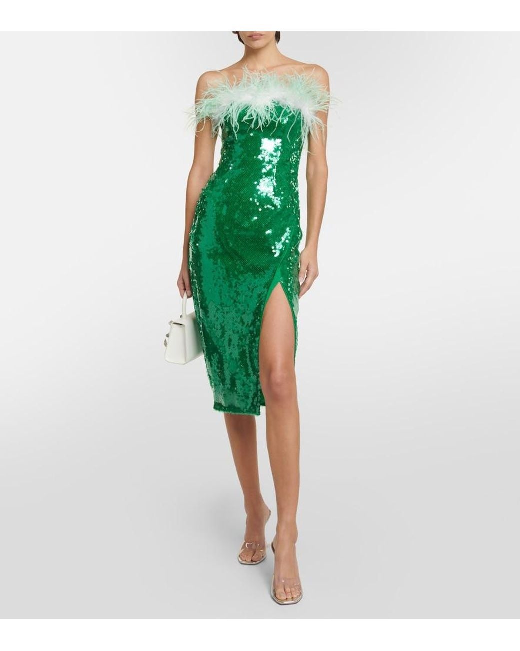 Self-Portrait Green Feather-Trimmed Sequined Midi Dress