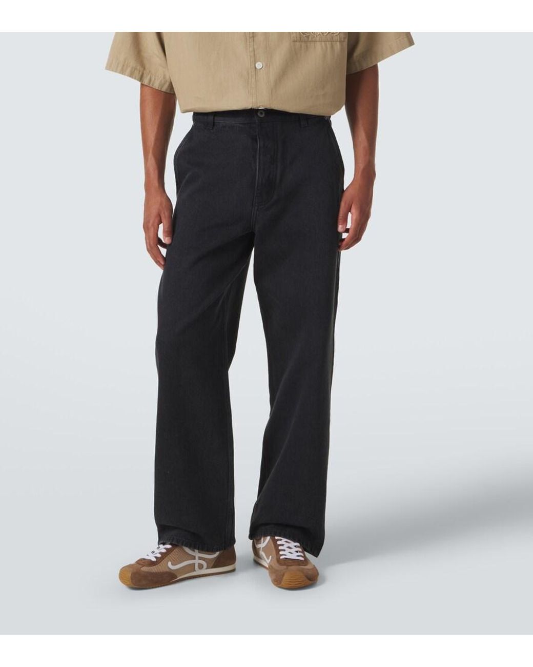Loewe Blue Leather-Trimmed Wide-Leg Jeans for men