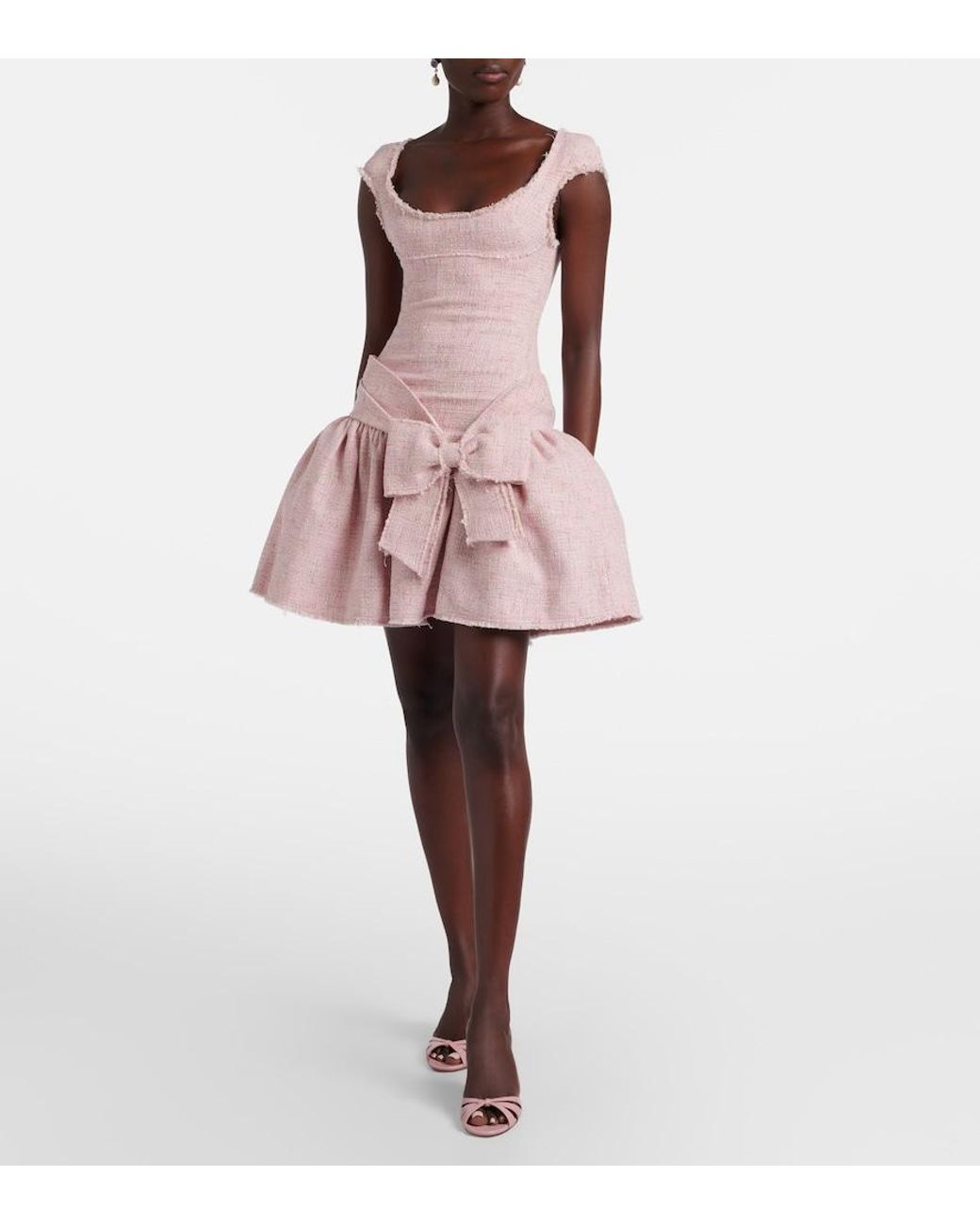 ShuShu/Tong Pink Bow-Detail Distressed Tweed Minidress