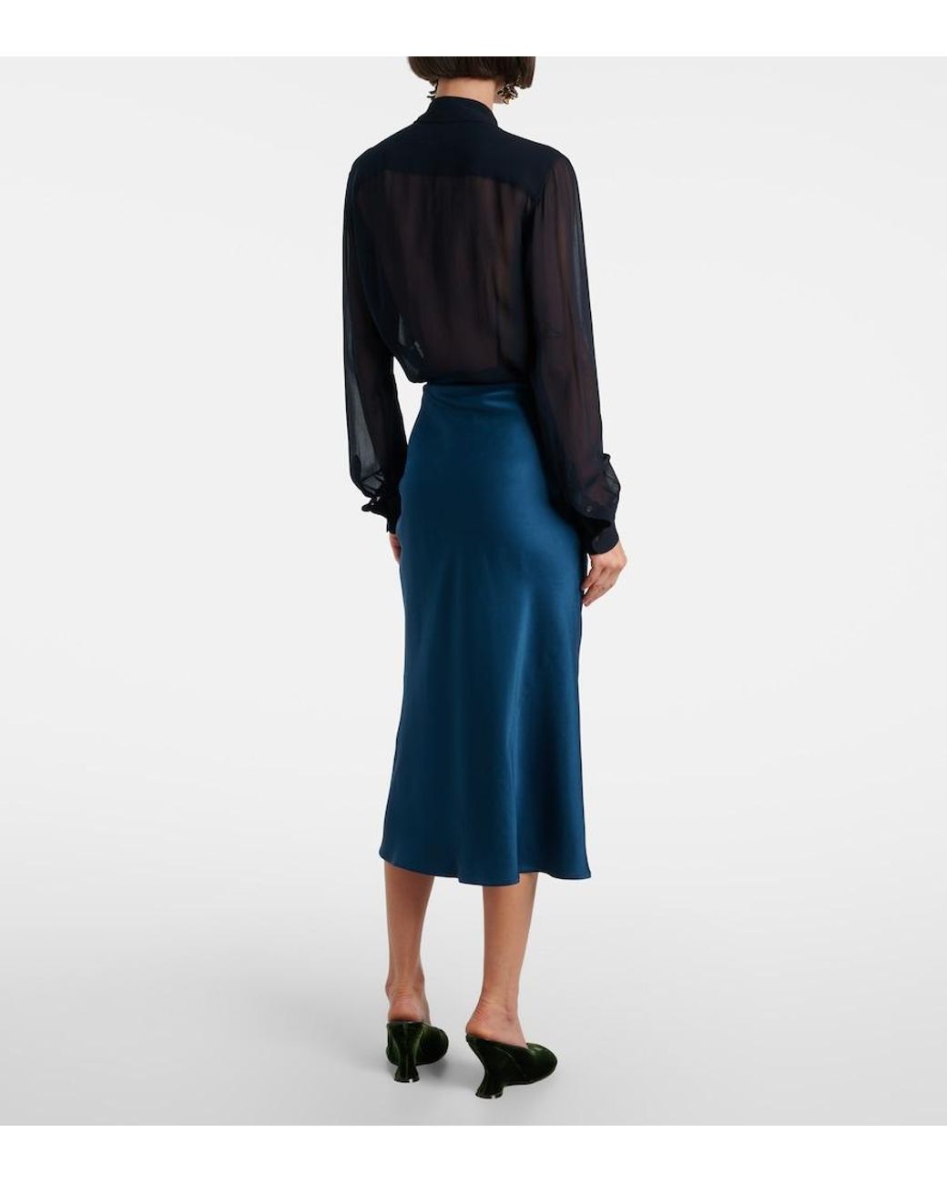 Dries Van Noten Blue Gathered Satin Midi Skirt