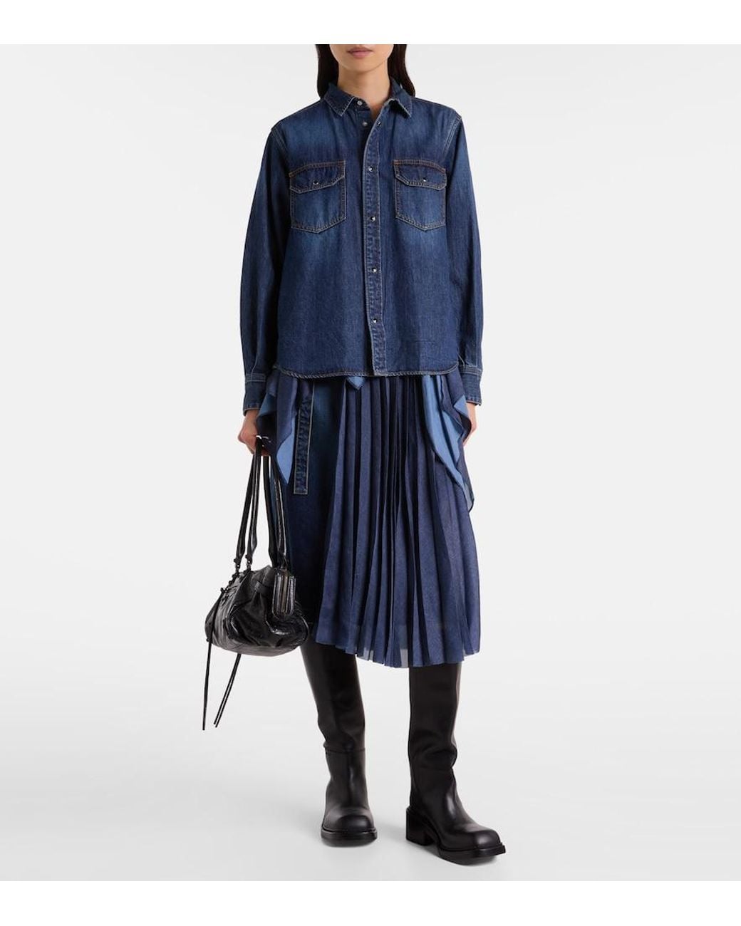 Sacai Blue Pleated Denim Midi Skirt