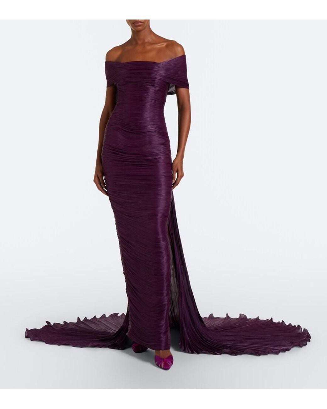 Marmar Halim Purple Pleated Off-Shoulder Bustier Gown