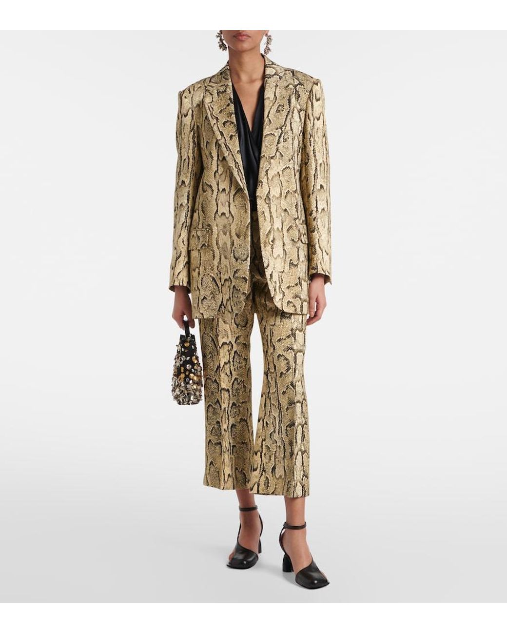 Dries Van Noten Natural Snake-Print Mid-Rise Flared Jacquard Pants