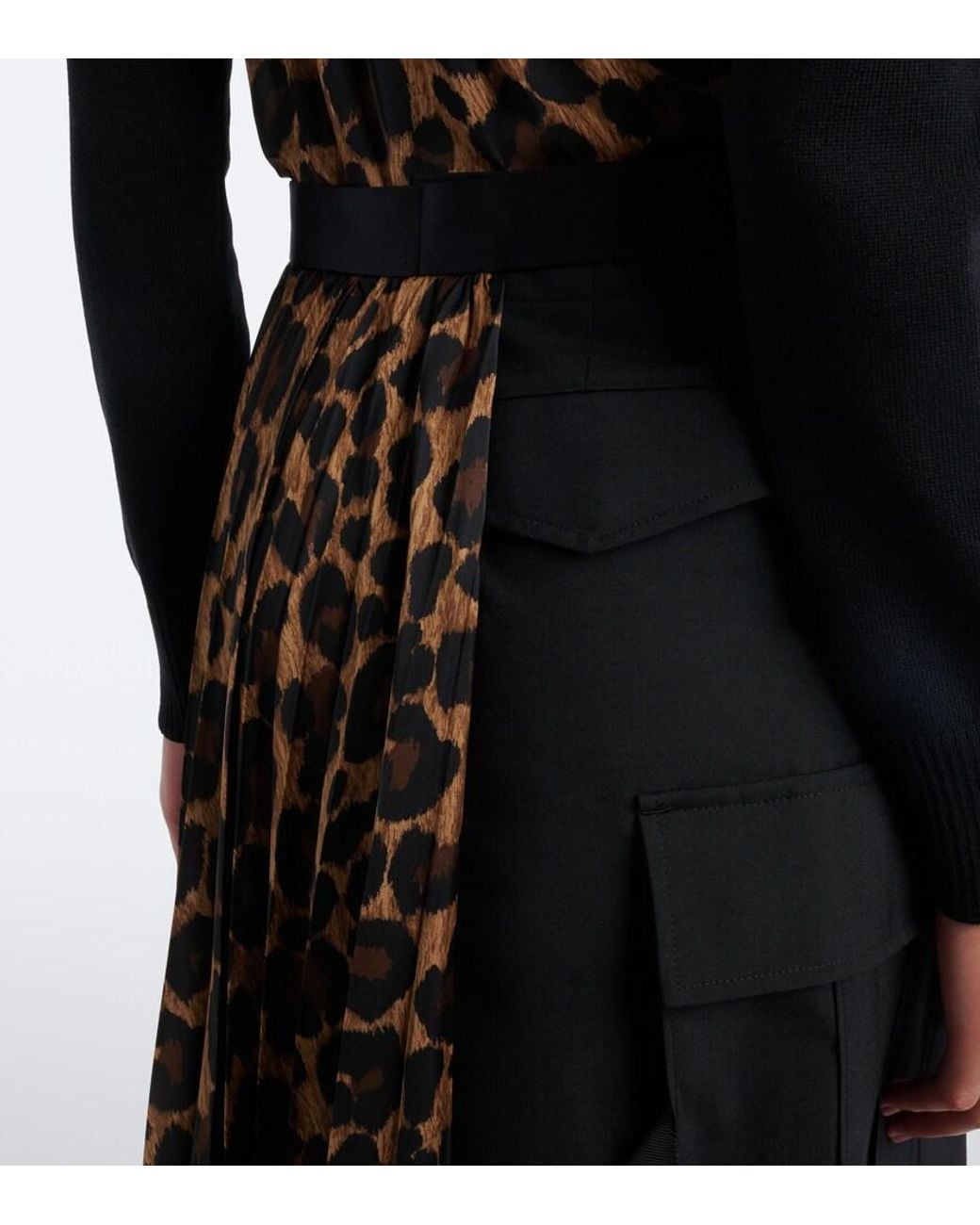 Sacai Black Paneled Leopard-Print Midi Skirt