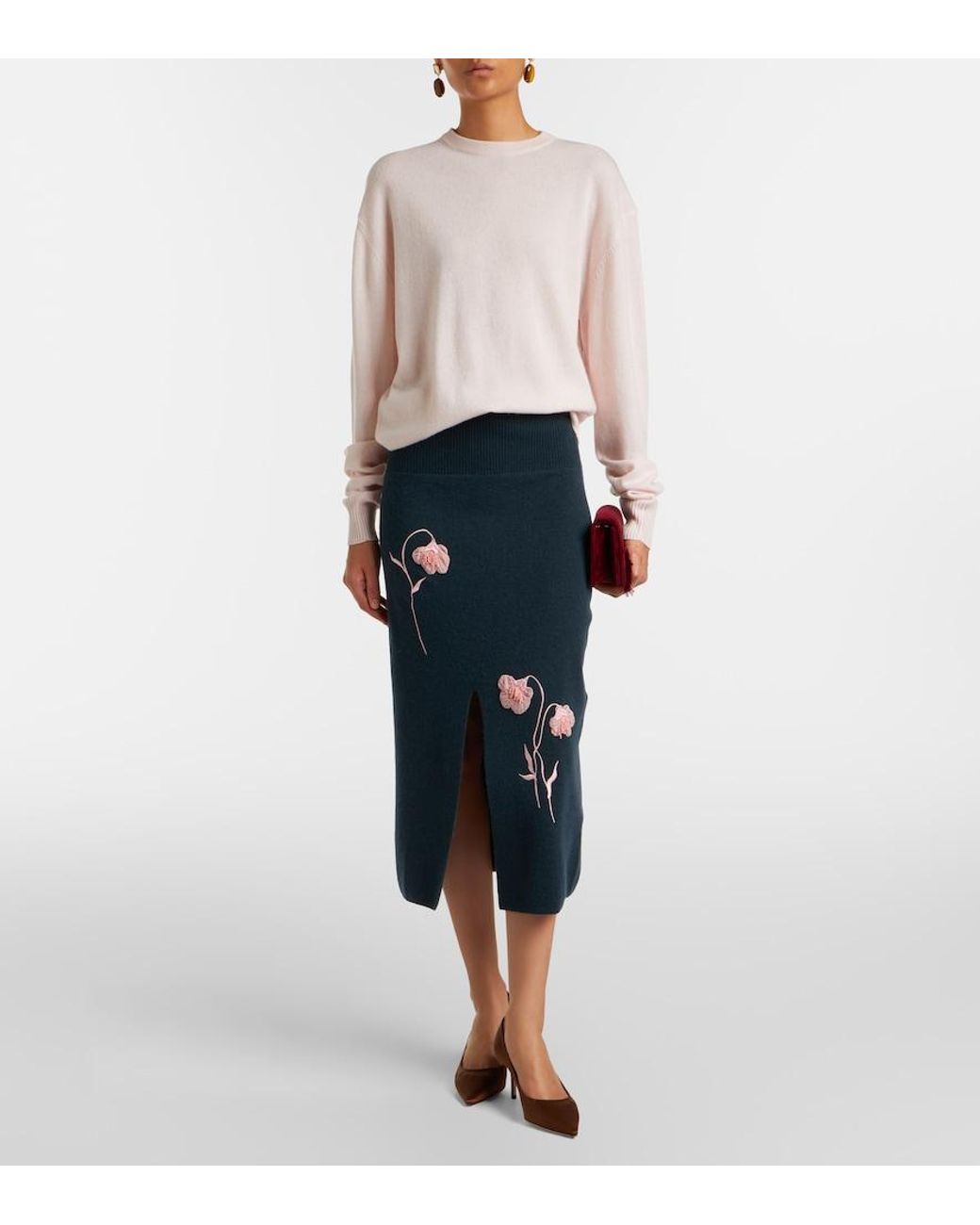 Erdem Blue Floral-Applique Knitted Midi Skirt