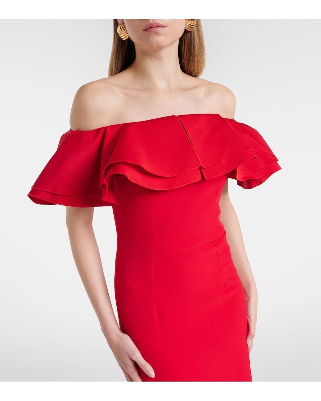 Safiyaa Red Ryan Ruffled Off-Shoulder Crepe Gown