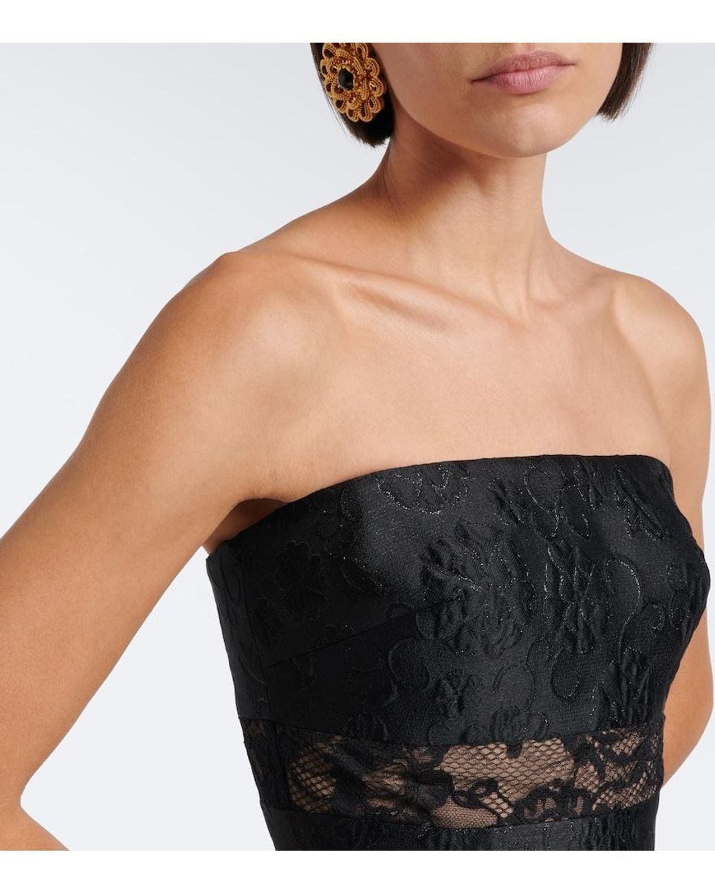 Elie Saab Black Lace-Trimmed Floral Jacquard Gown